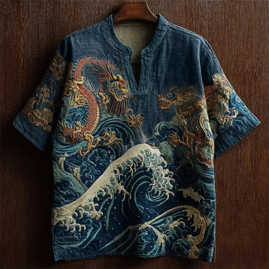 ZenVastra's Japanese Dragon & Ocean Wave Oversized V Neck Shirt