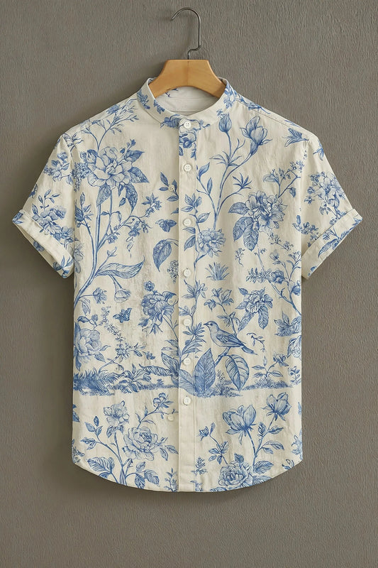 Soulbox Cream Casual Shirt with Blue Botanical Print