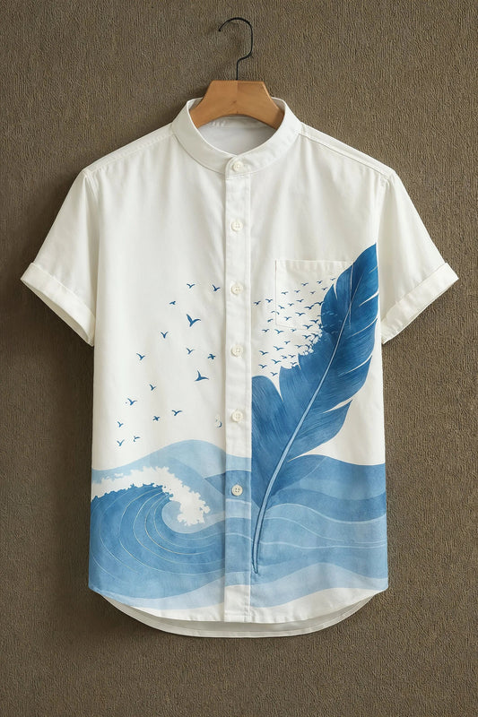 Soulbox White Casual Shirt with Blue Feather & Wave Print