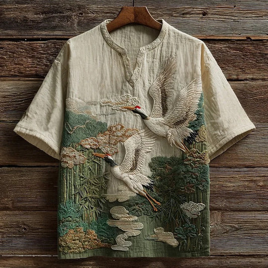 ZenVastra’s Majestic Crane Garden Embroidered Premium Heritage Shirt