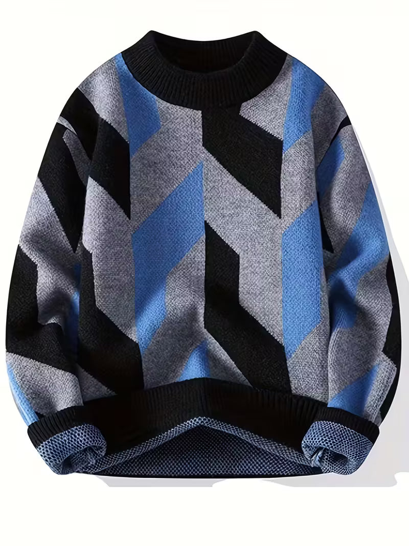 Swebet Men’s Geometric Pattern Sweater – Casual Crew Neck Pullover